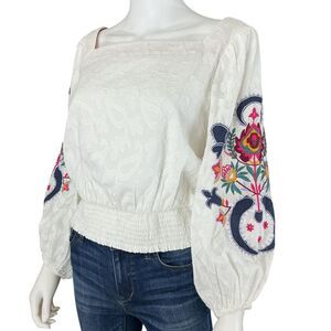 Anthropologie Embroidered Puff Sleeve Blouse Top Size M White Smocked BOHO  NEW
